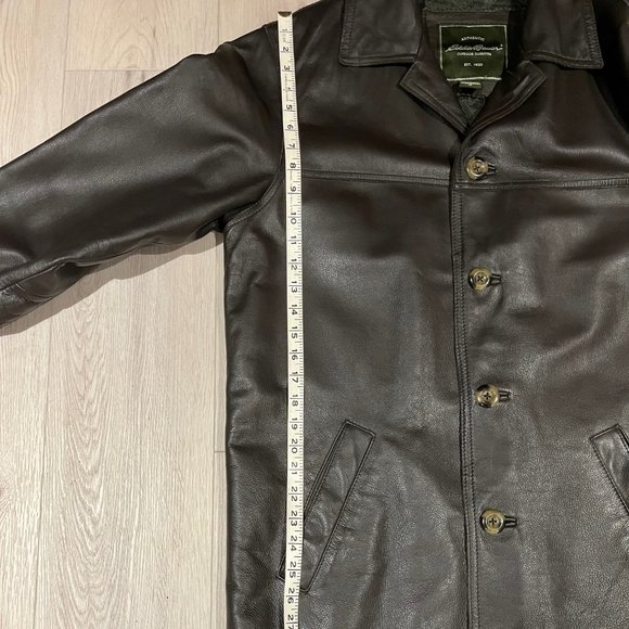 EDDIE BAUER MENS Medium Dark Brown Genuine LEATHER Button Down QuiltLined JACKET - Picture 13 of 15